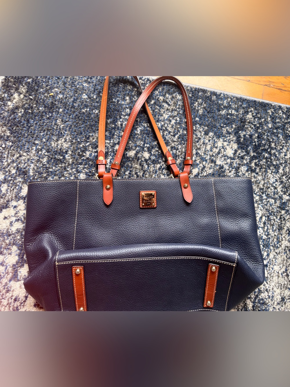 Dooney & Bourke Navy Leather Tote with Brown Trim